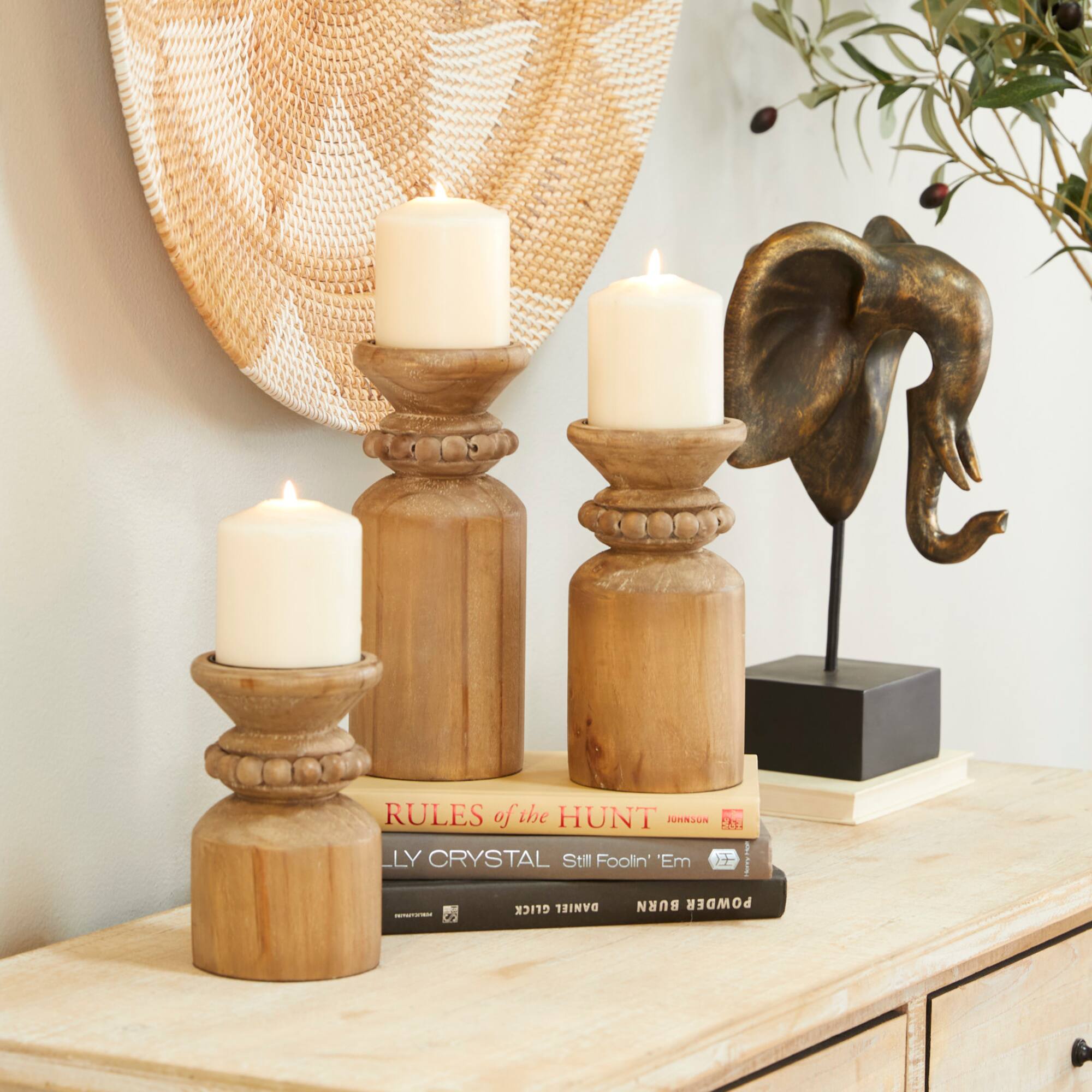 Brown Wood Traditional Candle Holder Set